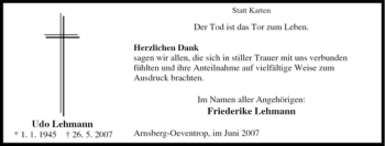 Traueranzeige von Udo Lehmann von Tageszeitung