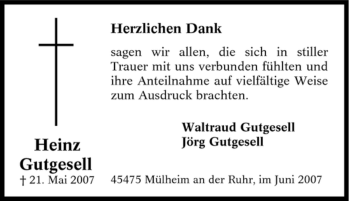 Traueranzeige von Heinz Gutgesell von Tageszeitung