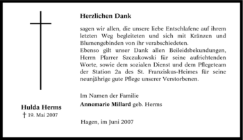 Traueranzeige von Hulda Herms von Tageszeitung