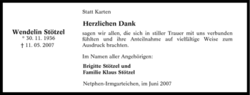 Traueranzeige von Wendelin Stötzel von Tageszeitung