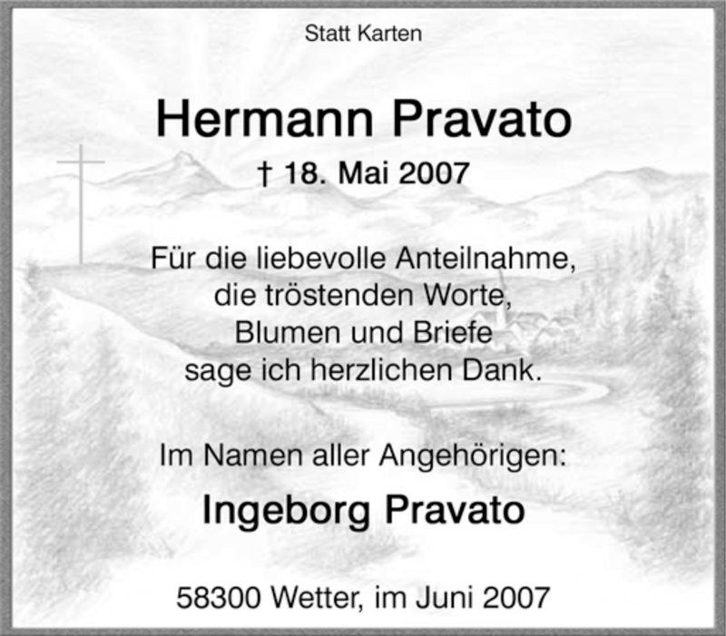  Traueranzeige für Hermann Pravato vom 23.06.2007 aus Tageszeitung
