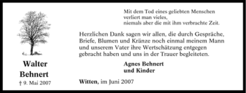 Traueranzeige von Walter Behnert von Tageszeitung