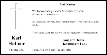 Traueranzeige von Karl Hübner von Tageszeitung