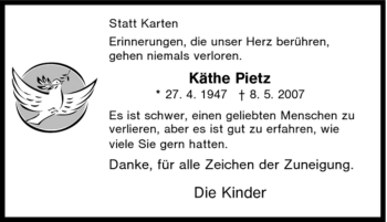 Traueranzeige von Käthe Pietz von Tageszeitung