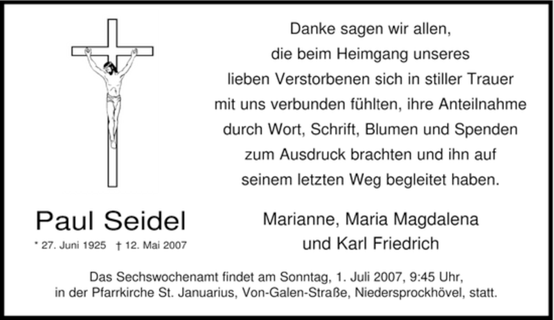  Traueranzeige für Paul Seidel vom 23.06.2007 aus Tageszeitung