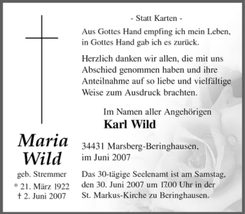 Traueranzeige von Maria Wild von Tageszeitung