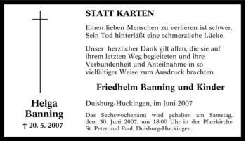 Traueranzeige von Helga Banning von Tageszeitung