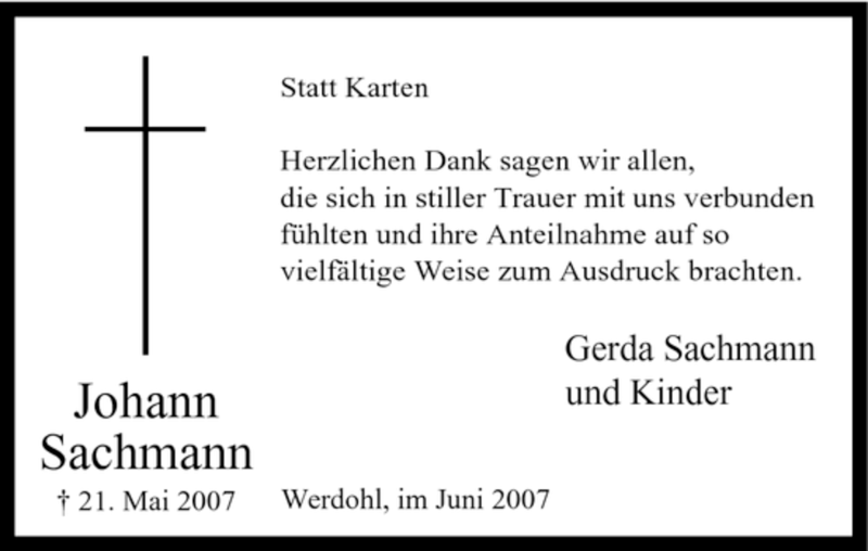  Traueranzeige für Johann Sachmann vom 23.06.2007 aus Tageszeitung