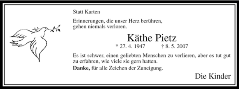  Traueranzeige für Käthe Pietz vom 23.06.2007 aus Tageszeitung