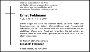 Traueranzeige von Ernst Feldmann von Tageszeitung