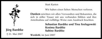 Traueranzeige von Jörg Bardtke von Tageszeitung