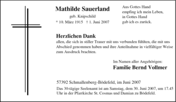 Traueranzeige von Mathilde Sauerland von Tageszeitung