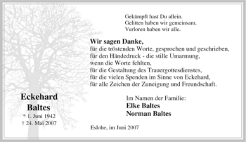 Traueranzeige von Eckehard Baltes von Tageszeitung