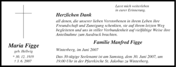 Traueranzeige von Maria Figge von Tageszeitung