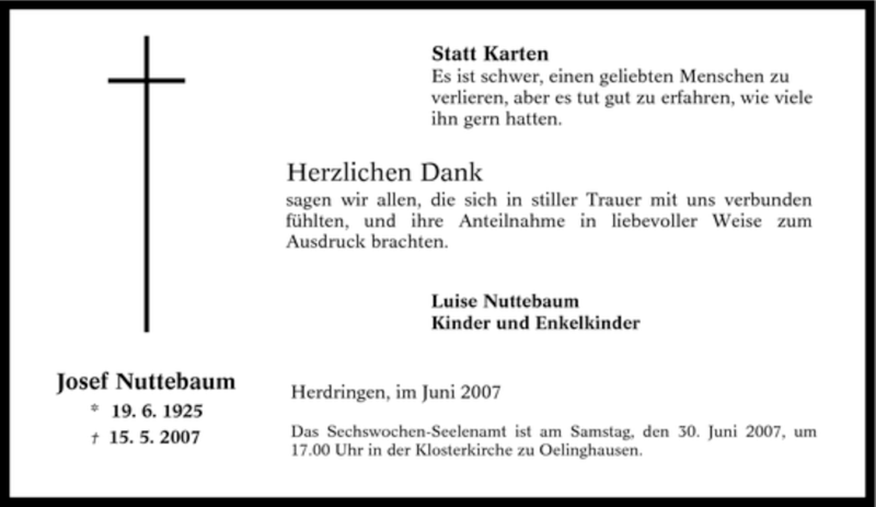  Traueranzeige für Josef Nuttebaum vom 26.06.2007 aus Tageszeitung