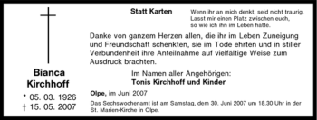 Traueranzeige von Bianca Kirchhoff von Tageszeitung