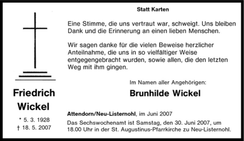  Traueranzeige für Friedrich Wickel vom 26.06.2007 aus Tageszeitung