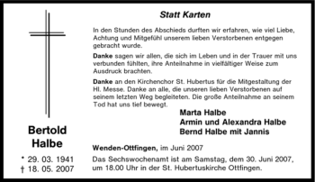 Traueranzeige von Bertold Halbe von Tageszeitung