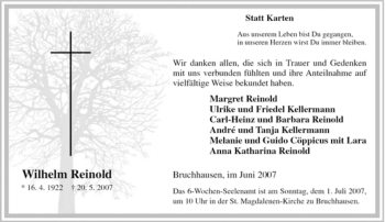 Traueranzeige von Wilhelm Reinold von Tageszeitung