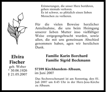 Traueranzeige von Elvira Fischer von Tageszeitung