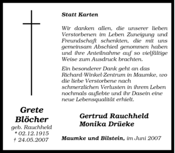 Traueranzeige von Grete Blöcher von Tageszeitung