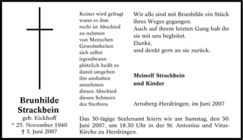 Traueranzeige von Brunhilde Strackbein von Tageszeitung