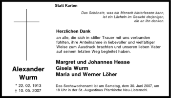 Traueranzeige von Alexander Wurm von Tageszeitung