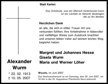 Traueranzeige von Alexander Wurm von Tageszeitung