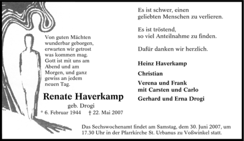  Traueranzeige für Renate Haverkamp vom 26.06.2007 aus Tageszeitung