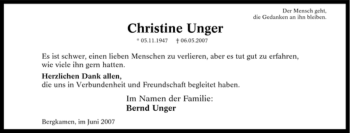 Traueranzeige von Christine Unger von Tageszeitung