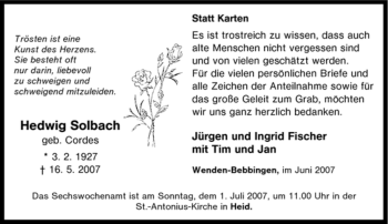 Traueranzeige von Hedwig Solbach von Tageszeitung