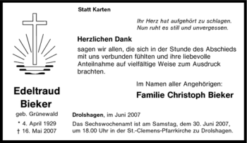 Traueranzeige von Edeltraud Bieker von Tageszeitung