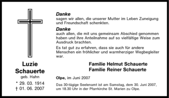 Traueranzeige von Luzie Schauerte von Tageszeitung