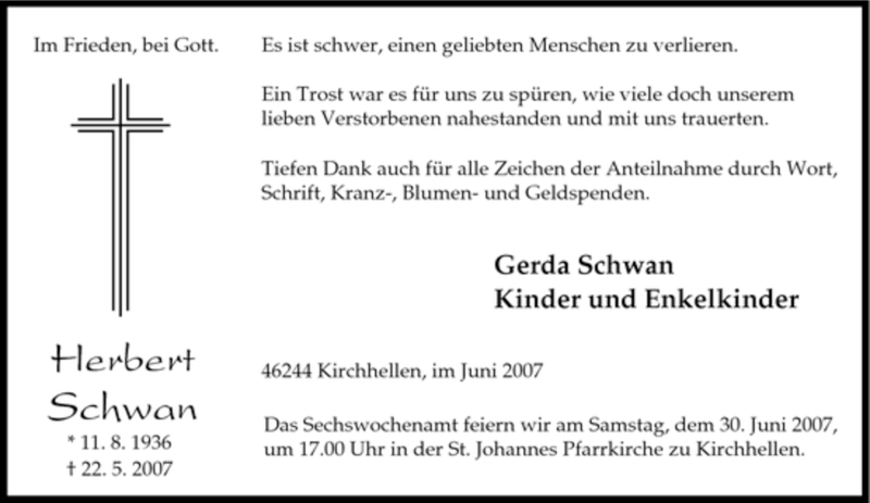  Traueranzeige für Herbert Schwan vom 27.06.2007 aus Tageszeitung