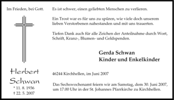 Traueranzeige von Herbert Schwan von Tageszeitung