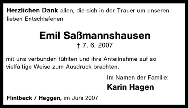 Traueranzeige für Emil Saßmannshausen vom 27.06.2007 aus Tageszeitung