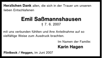 Traueranzeige von Emil Saßmannshausen von Tageszeitung