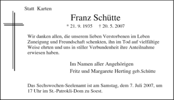 Traueranzeige von Franz Schütte von Tageszeitung