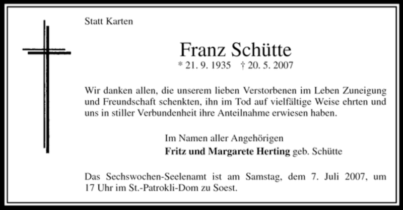  Traueranzeige für Franz Schütte vom 27.06.2007 aus Tageszeitung