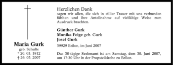 Traueranzeige von Maria Gurk von Tageszeitung