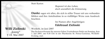 Traueranzeige von Willi Zielinski von Tageszeitung
