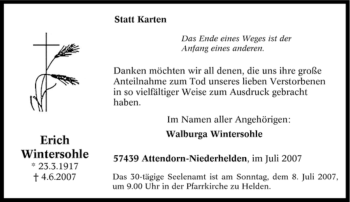Traueranzeige von Erich Wintersohle von Tageszeitung