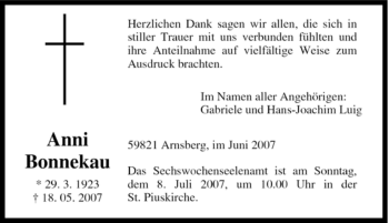 Traueranzeige von Anni Bonnekau von Tageszeitung