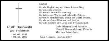 Traueranzeige von Ruth Basowski von Tageszeitung