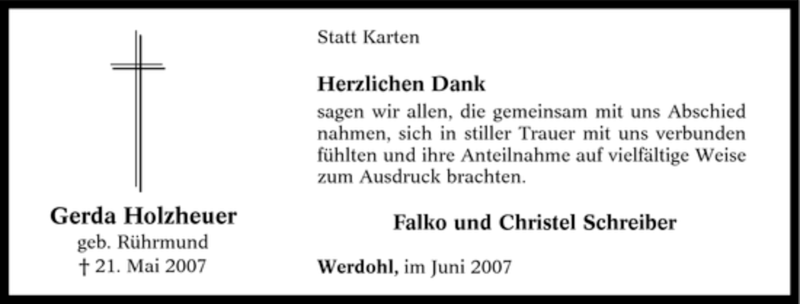  Traueranzeige für Gerda Holzheuer vom 30.06.2007 aus Tageszeitung