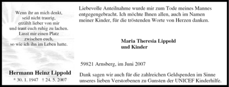  Traueranzeige für Hermann Heinz Lippold vom 30.06.2007 aus Tageszeitung