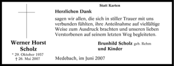 Traueranzeige von Werner Horst Scholz von Tageszeitung