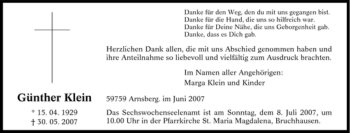 Traueranzeige von Günther Klein von Tageszeitung