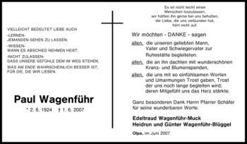 Traueranzeige von Paul Wagenführ von Tageszeitung