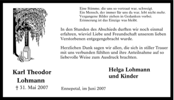 Traueranzeige von Karl Theodor Lohmann von Tageszeitung